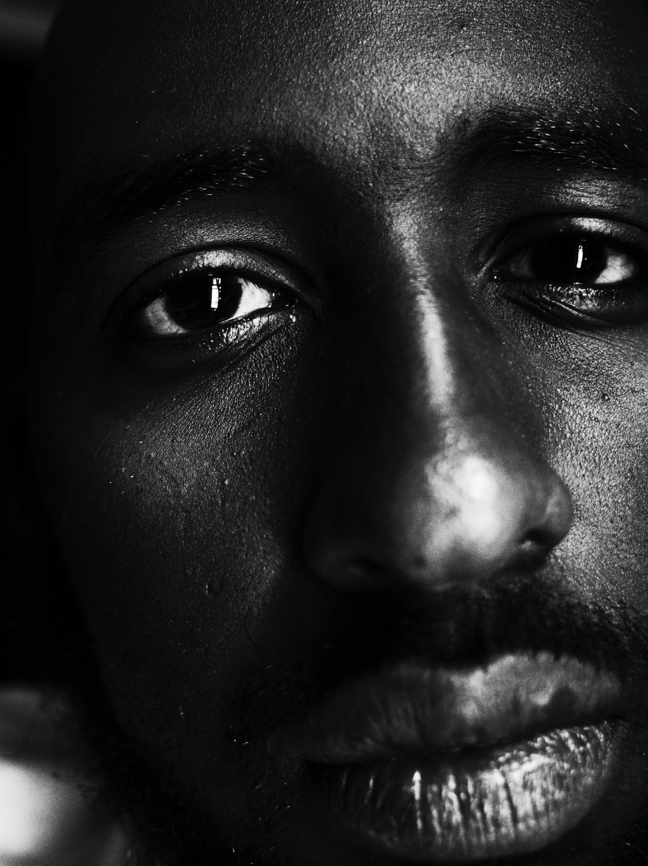 black-and-white close-up photo of author's face