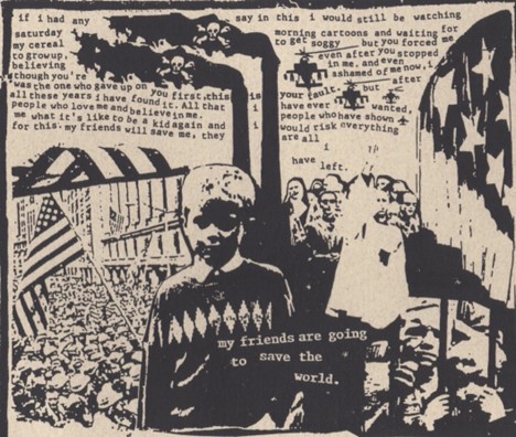 collage image by author: child superimposed over crowds of people, american flag, military helicopters. text reads "my friends are going to save me, my friends are going to save the world"